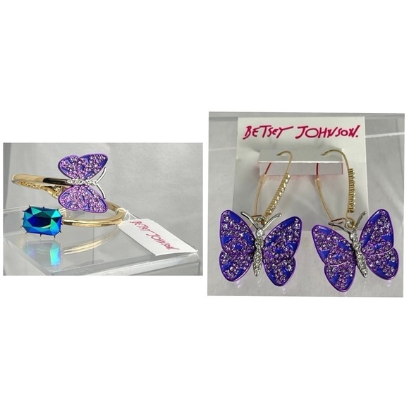 BETSEY JOHNSON SET Purple Butterfly & Crystal Hinged Bracelet & Earrings NEW NWT
